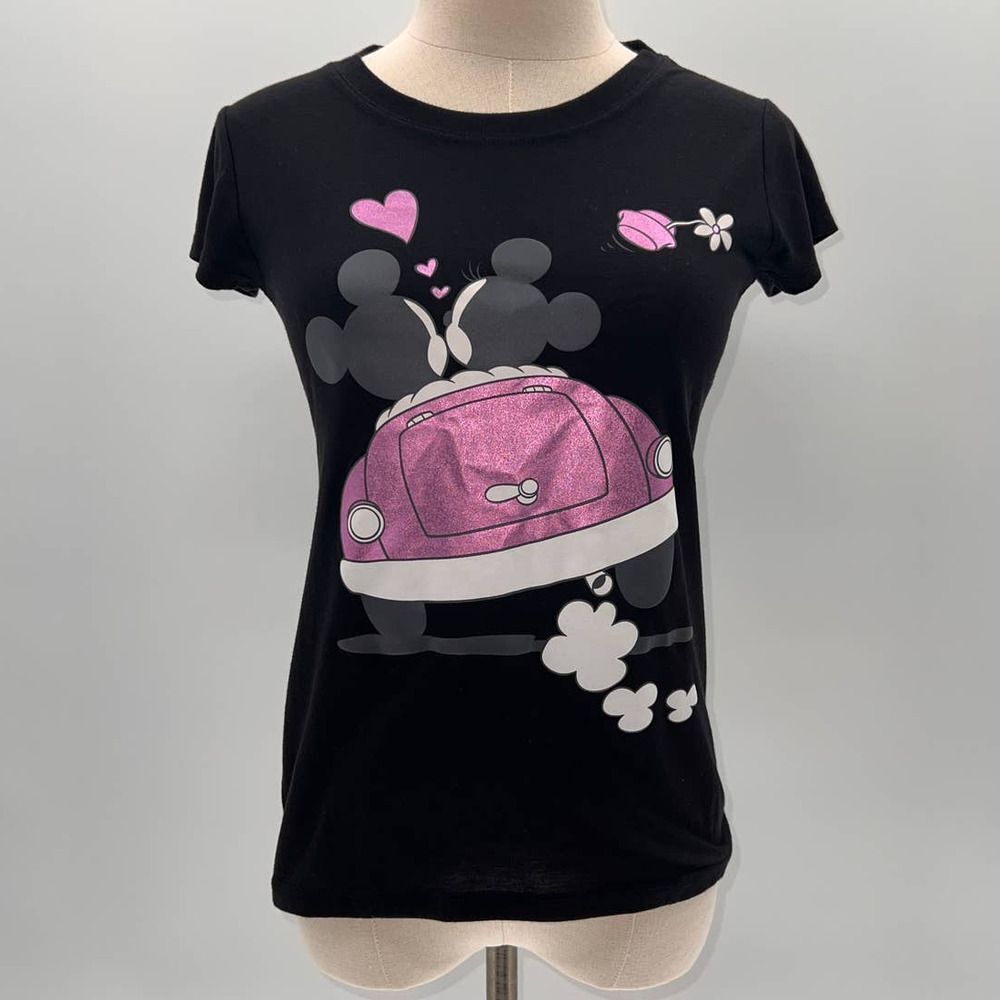 Disney Black/Pink/White Mickey/Minnie Graphic Short Sleeve T-Shirt- S